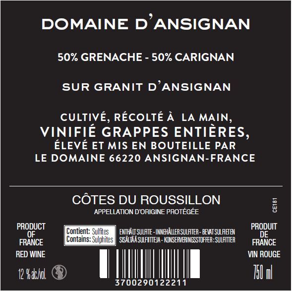 LES PETITES GRAPPES DOMAINE D'ansignan contre étiquette