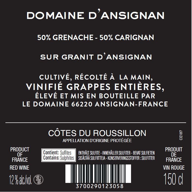 LES PETITES GRAPPES DOMAINE D'ansignan contre étiquette